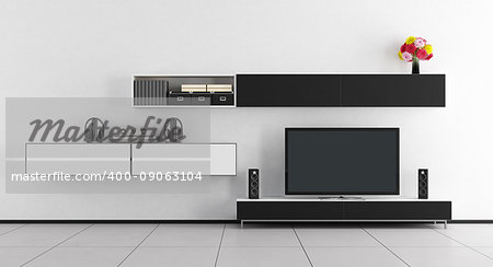 Black and white room with tv unit and home cinema system - 3d rendering