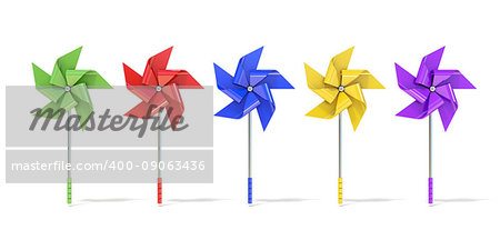 Five colorful five sided pinwheels. 3D render illustration isolated on white background