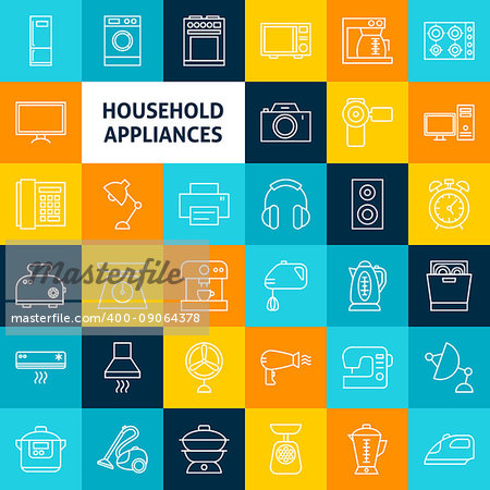 Vector Line Household Icons. Thin Outline Electronics Symbols over Colorful Squares.