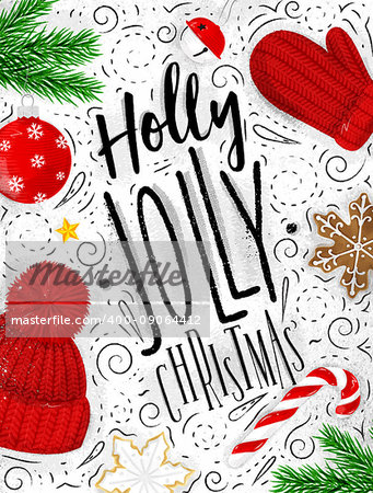 Christmas poster lettering holly jolly christmas drawing in vintage style on dirty paper