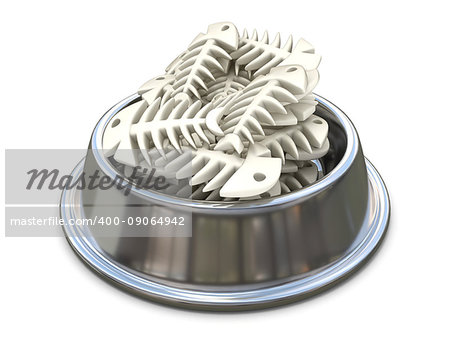 Chrome cat bowl with bones. 3D render illustration isolated on white background