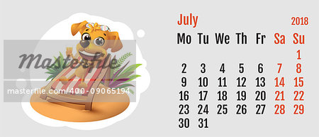 2018 year of yellow dog on Chinese calendar. Fun dog lies in deck chair. Calendar grid month July. Vector cartoon illustration