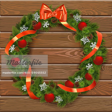 Vector Christmas Wreath on Wooden Board 7 with red decorations