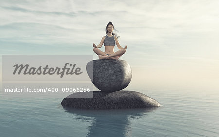 The woman practicing yoga on stone near the sea. This is a 3d render illustration