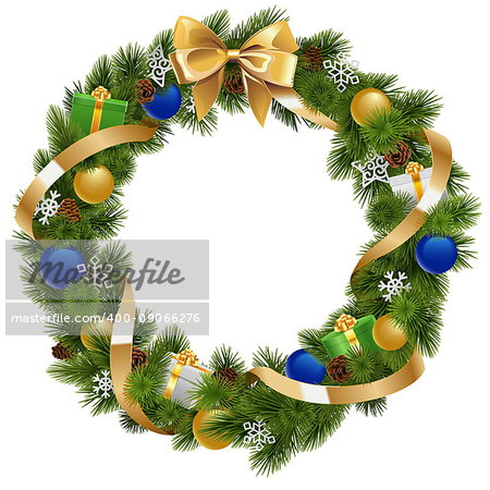 Vector Christmas Wreath with Golden Ribbon isolated on white background