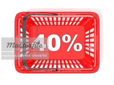 40 percent discount tag in red shopping basket. 3D rendered illustration