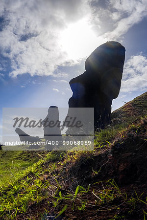 Moais statues on Rano Raraku volcano, easter island, Chile