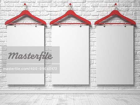 Cloth hangers and white canvas on the white painted brick wall. 3D render illustration