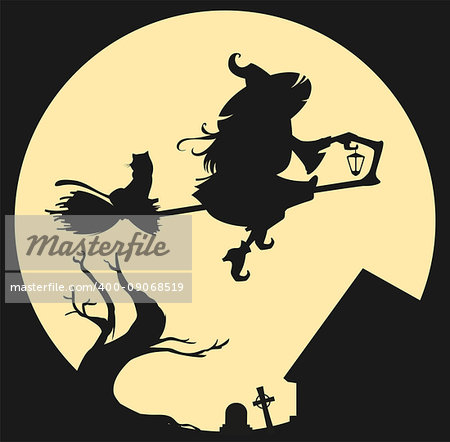 Black silhouette of witch flying on broom against full moon. Vector illustration