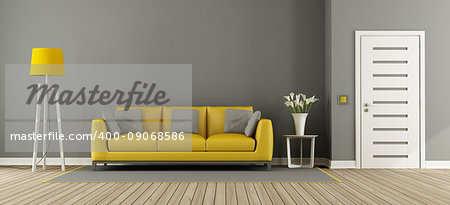 Gray living room with yellow sofa,floor lamp and closed door - 3d rendering