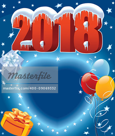 New Year 2018 decoration, gifts, balloons and blue heart in background