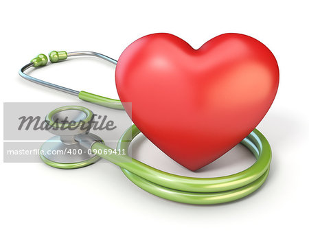 Medical stethoscope and red heart shape 3D render illustration isolated on white background
