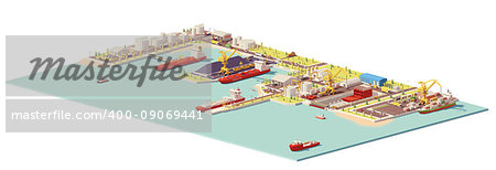 Vector low poly commercial port. Includes oil, coal, LNG, container terminals, dry dock, ships and industrial infrastructure elements