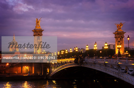 famouse Alexandre III Bridge at violet night, Paris, France, retro toned