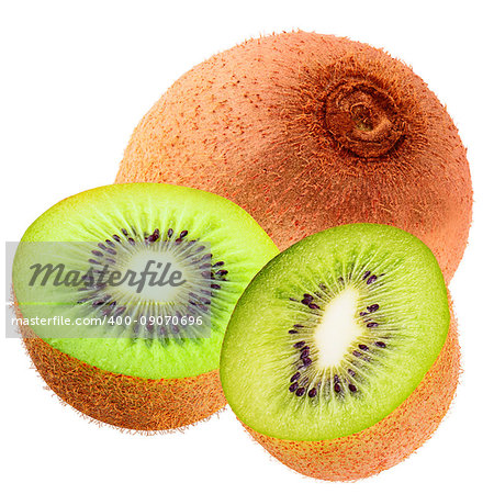 Isolated fruits. Isolated one whole and two half kiwi on white background with clipping path as a package design element.
