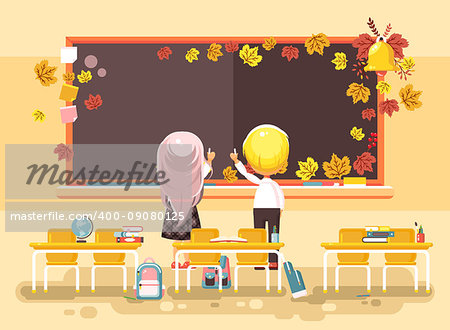 Stock vector illustration back to school cartoon characters schoolboy schoolgirl apprentices studying in empty classroom standing at staple with textbooks pupils write blackboard flat style background.
