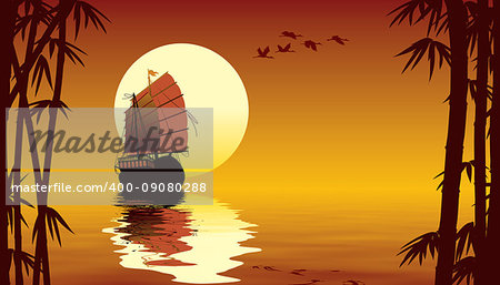 Tropical sunset with sailing ship, flying birds and bamboo trees