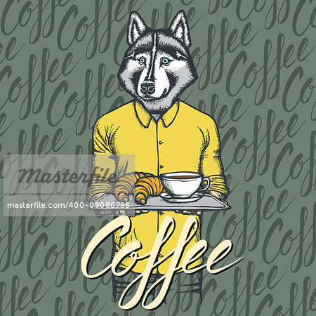 Breakfast vector concept. Illustration of husky dog with croissant and coffee