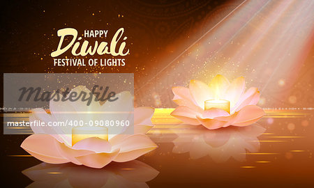 Diwali. Vector. Festival of light background. Greeting background with lotus flowers and a burning candle inside.