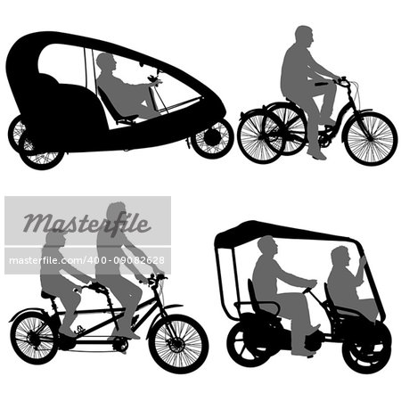 Set silhouette of two athletes on tandem bicycle on white background.