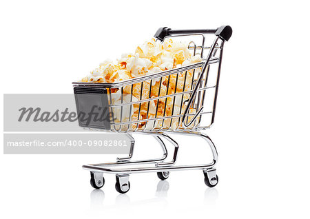 Popcorn salty sweet snack in shopping carton white background