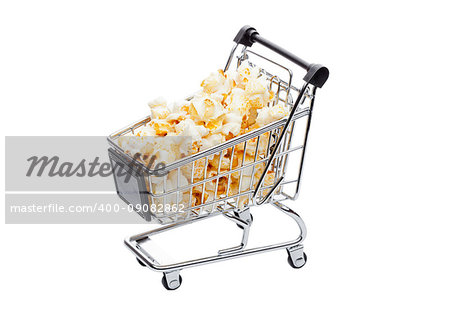 Popcorn salty sweet snack in shopping carton white background