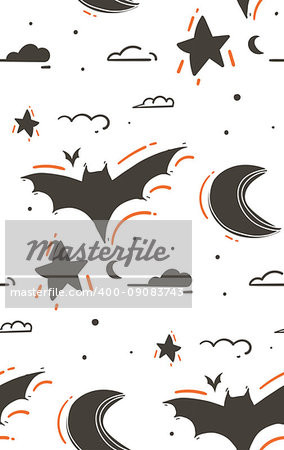 Hand drawn vector abstract cartoon Happy Halloween illustrations seamless pattern with bats,stars,moon,clouds isolated on white background.