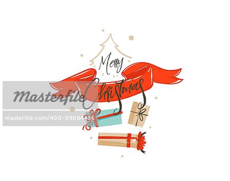 Hand drawn vector Merry Christmas shopping time cartoon graphic greeting illustration card design with many surprise gift boxes,red ribbon and handwritten calligraphy isolated on white background.