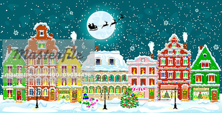 City street in the winter night. Christmas Eve. Winter holiday. Houses in winter night. Snow on a city street. Decoration houses on winter holidays.