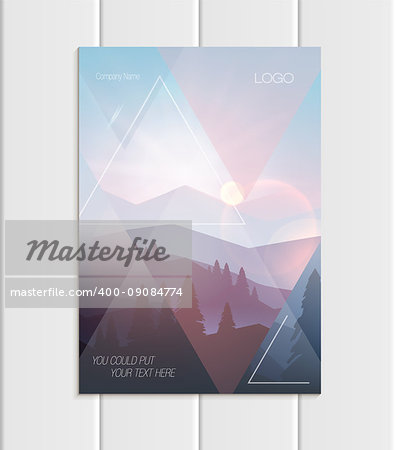 Stock vector brochure A4 or A5 format design business template with abstract triangles and mountain landscape at sunset, dawn background for ecology printed material, element corporate style cover