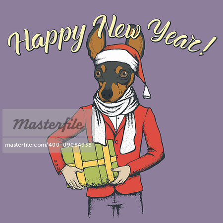 Dog toy terrier  vector Christmas concept. Illustration of dog  in human suit with gift in his hads celebrating new year