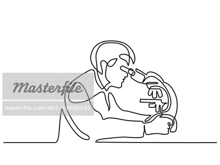 Scientist man looking through microscope in laboratory. Continuous line drawing. Vector illustration on white background