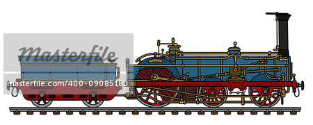 Hand drawing of a vintage blue steam locomotive