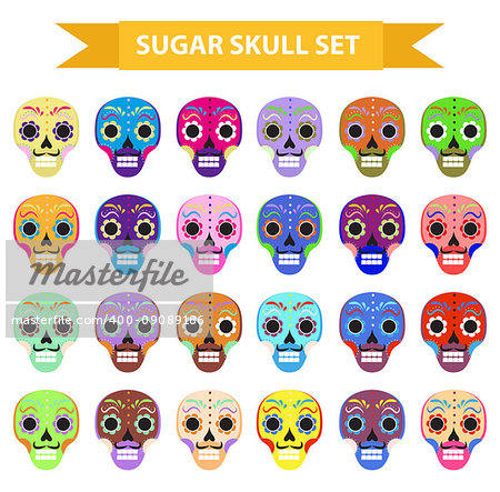 Day of the dead holiday in mexico icons set with sugar skulls. Flat style. Skeleton collection. Dia de Muertos concept. Vector illustration