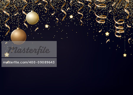 Vector Christmas background with gold serpentines, glitter, confetty and cristmas balls on a dark background.