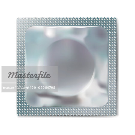 Condom wrapper package silver blank template, packaging foil isolated on white. Mock up of packaging for condoms, vector illustration of condom for protection.