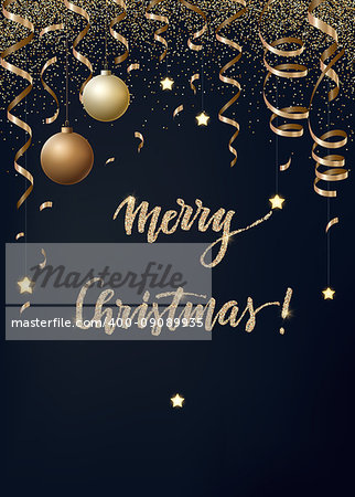 Vector Christmas background with gold serpentines, glitter, confetty and cristmas balls on a dark background.