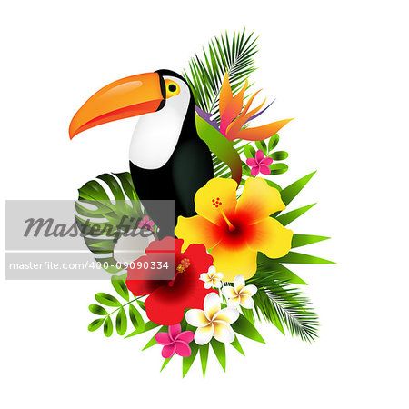 Toucans And Flowers Gradient Mesh, Vector Illustration