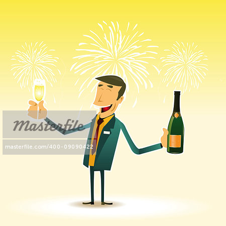 Illustration of a happy man celebrating New Year's Eve with a cup of Champagne