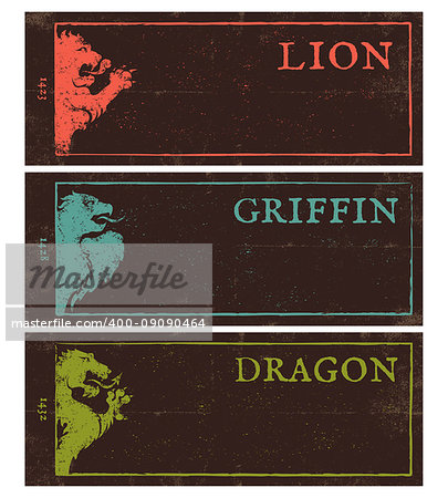 Vector set vintage posters with lion, griffin and dragon. Vintage dark banners for games.