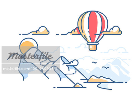 Balloon flying in sky above mountains. Adventure and travel. Vector illustration