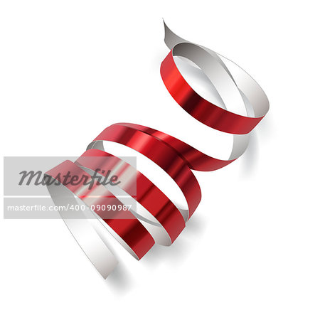 Festive red ribbon on white background. Realistic vector streamers. Carnival party serpentine decoration for your banner and greating card design.