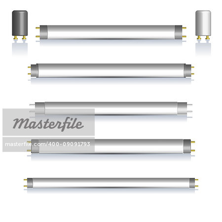 Set of different fluorescent lamps and starters with mirror reflection, isolated on white background. Elements of design of electrical components, vector illustration.