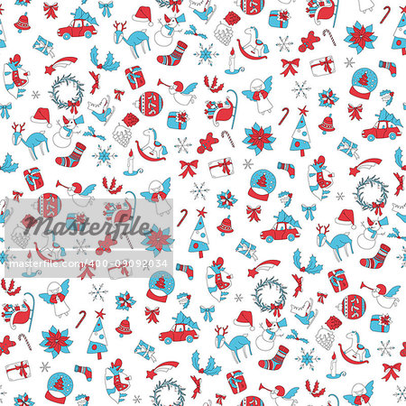 Christmas seamless pattern with gift box, xmas tree, deer, snowman, gingerbread cookie, candle, bell, poinsettia, sleigh, wreath and other. Red and blue colors