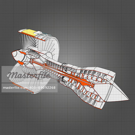 Turbo jet engine aircraft. Vector line illustration.