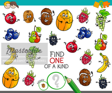 Cartoon Illustration of Find One of a Kind Educational Activity Game for Children with Fruits Comic Characters