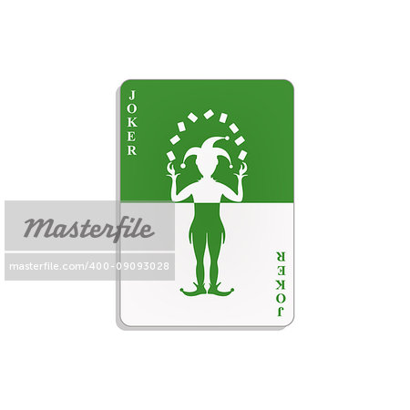 Playing card with Joker in green and white design with shadow on white background