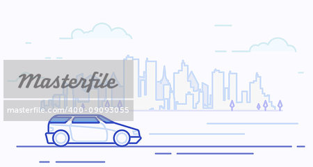 Modern car driving on highway near big city with skyscrapers silhouette. Family car. Big city with clouds on background. Mono blue color line illustration. Linear modern, trendy vector banner.