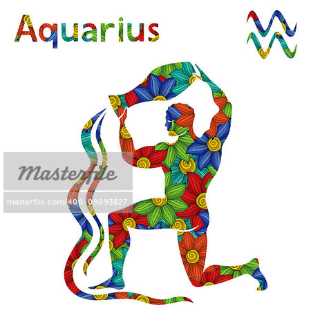 Zodiac sign Aquarius with filling of colorful stylized flowers on a white background, vector illustration