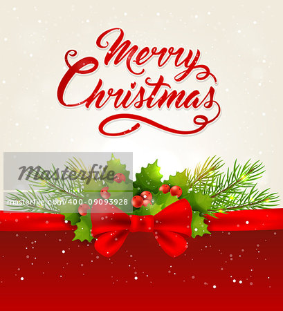 Vector Christmas background with red bow, fir branch and greeting inscription. Merry Christmas lettering